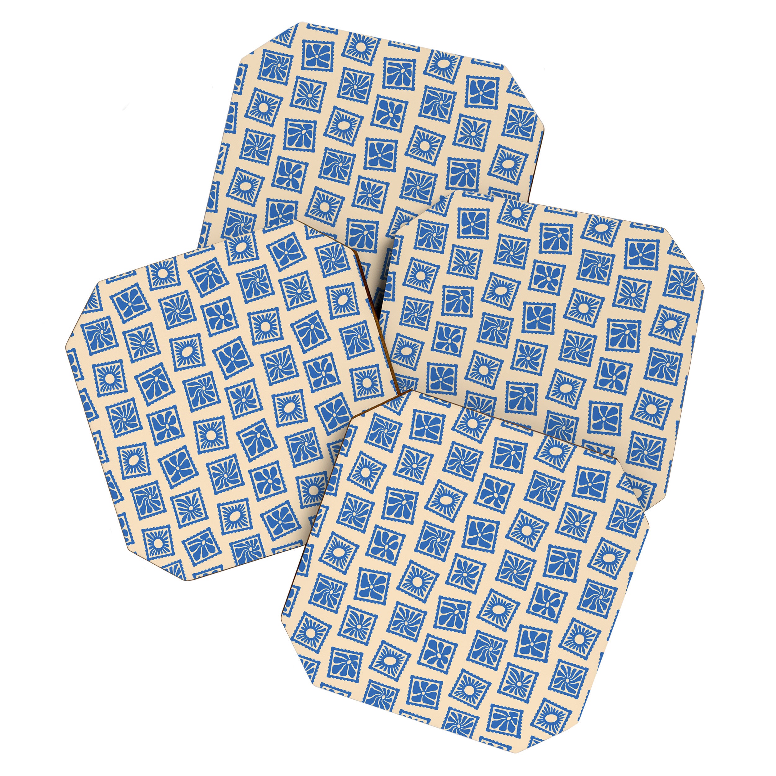 Vintage blue flower postage stamp pattern Coaster Gallery Image 1