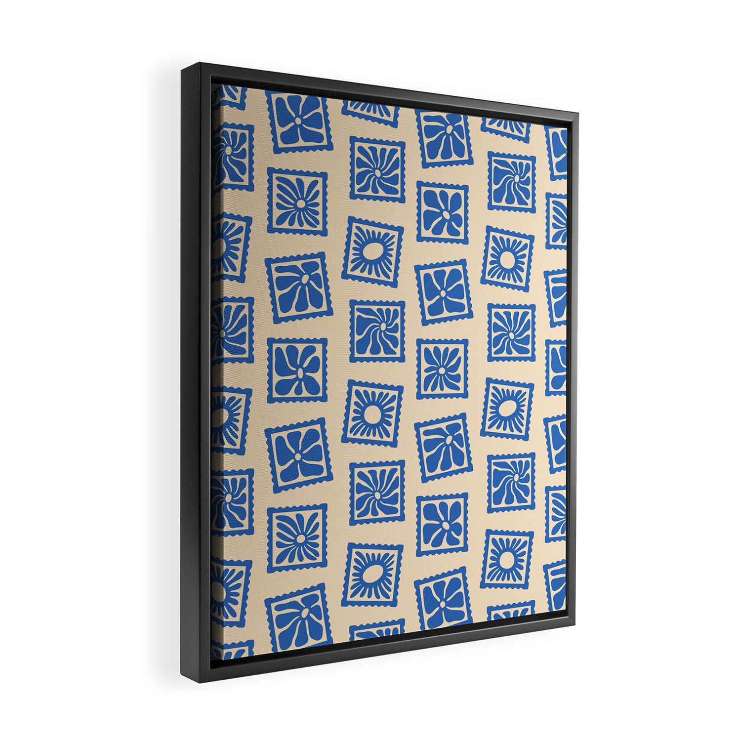 Vintage blue flower postage stamp pattern Framed Canvas Print Gallery Image 2