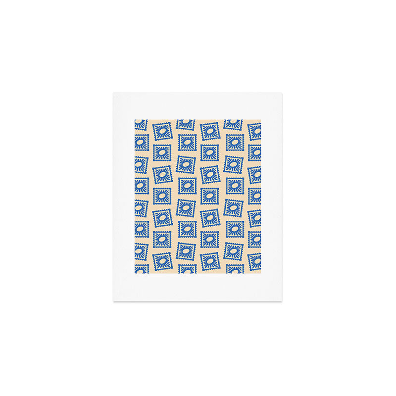 Vintage blue flower postage stamp pattern Art Print Gallery Image 1