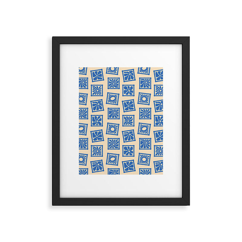 Vintage blue flower postage stamp pattern Framed Art Print Gallery Image 6