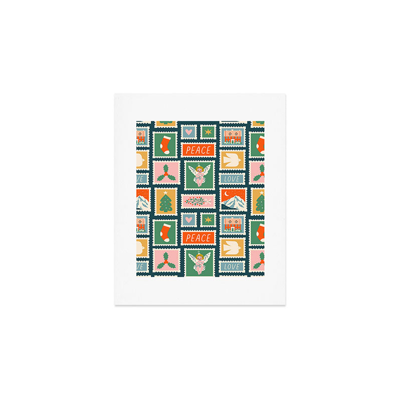 Vintage christmas postage stamp pattern Art Print Gallery Image 1