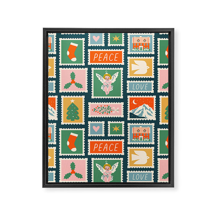 Vintage christmas postage stamp pattern Framed Canvas Print Gallery Image 1