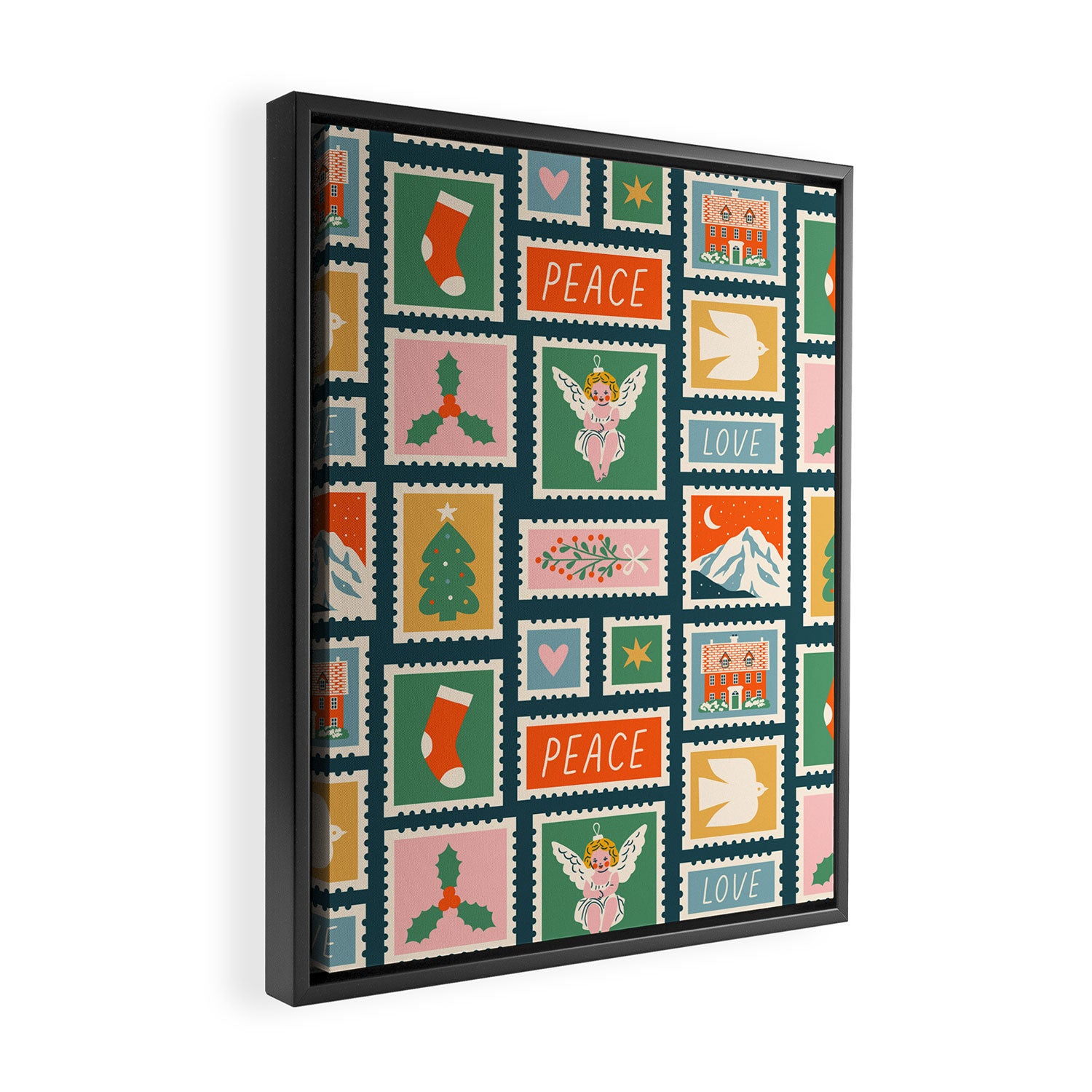 Vintage christmas postage stamp pattern Framed Canvas Print Gallery Image 2