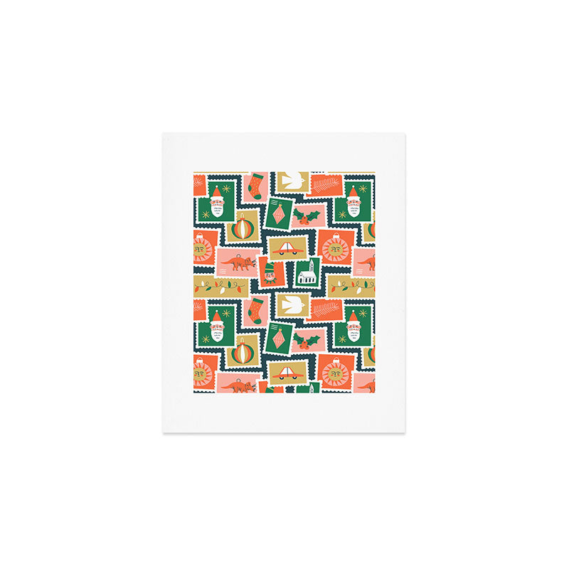 Vintage christmas postage stamp sticker pattern Art Print Gallery Image 1