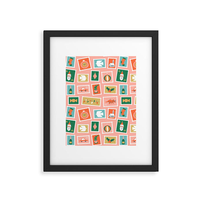 Vintage christmas postage stamp sticker pattern Framed Art Print Gallery Image 1