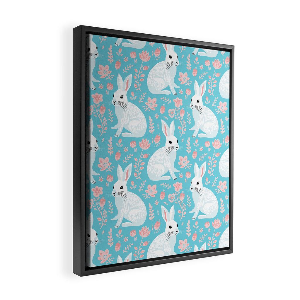 Vintage flower rabbit spring art pattern Framed Canvas Print Gallery Image 2