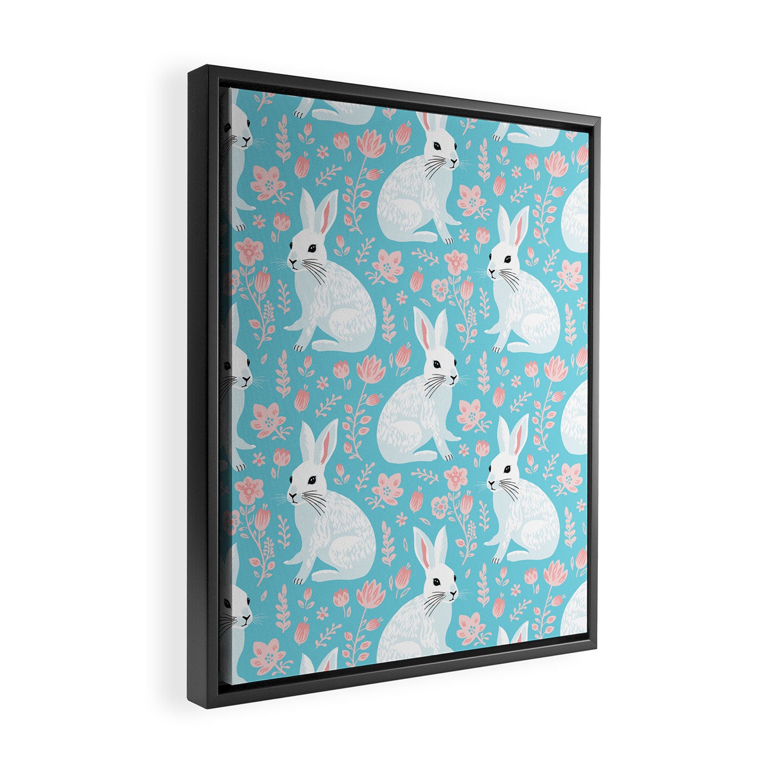 Vintage flower rabbit spring art pattern Framed Canvas Print Gallery Image 2