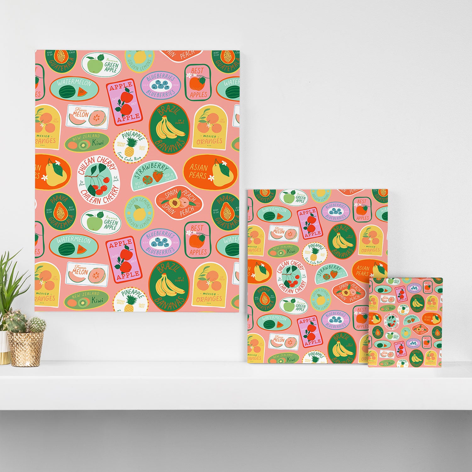 Vintage fruit sticker label cartoon pattern Canvas Print Gallery Image 3