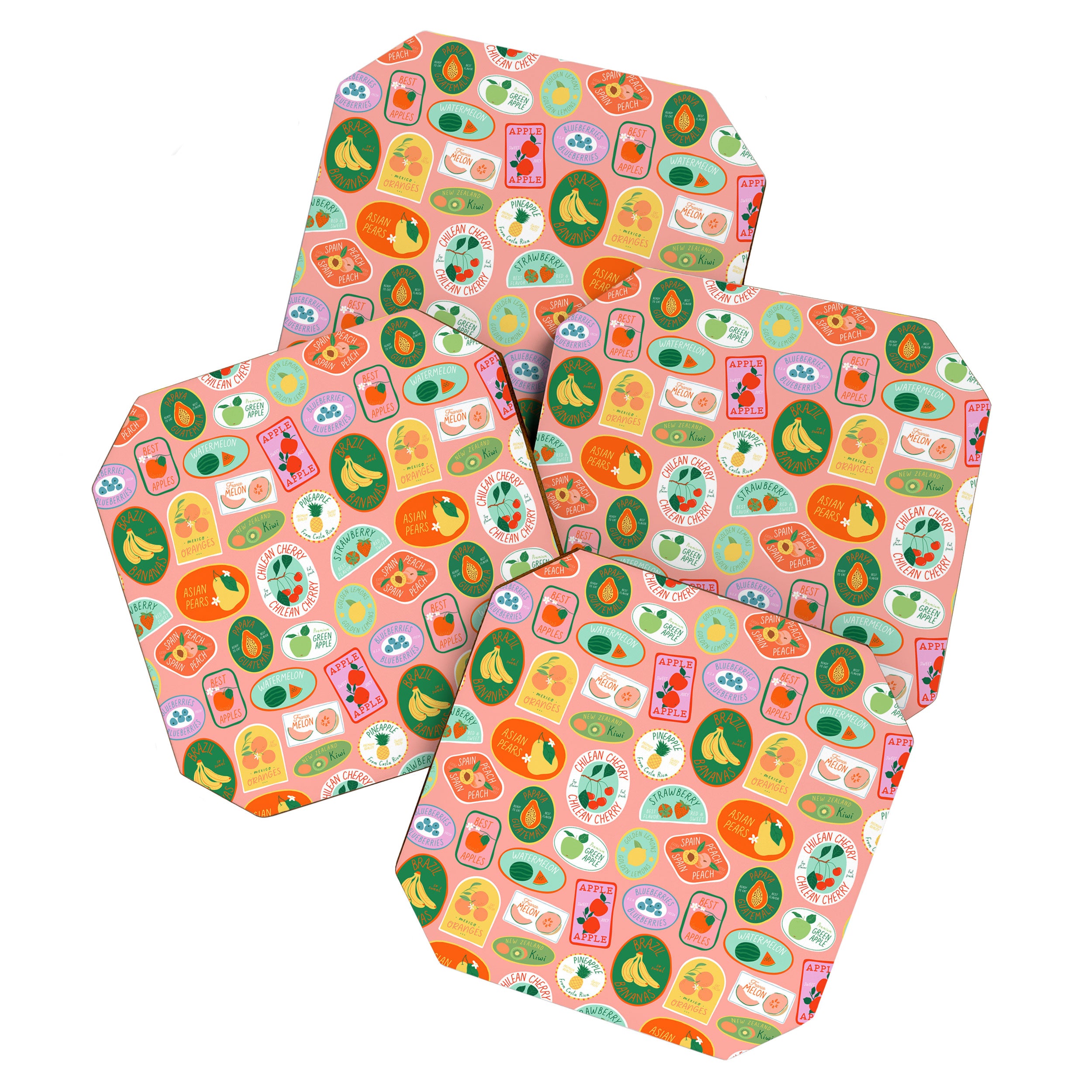 Vintage fruit sticker label cartoon pattern Coaster Gallery Image 1