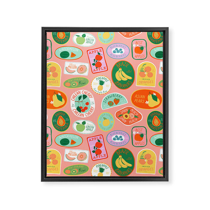 Vintage fruit sticker label cartoon pattern Framed Canvas Print Gallery Image 1