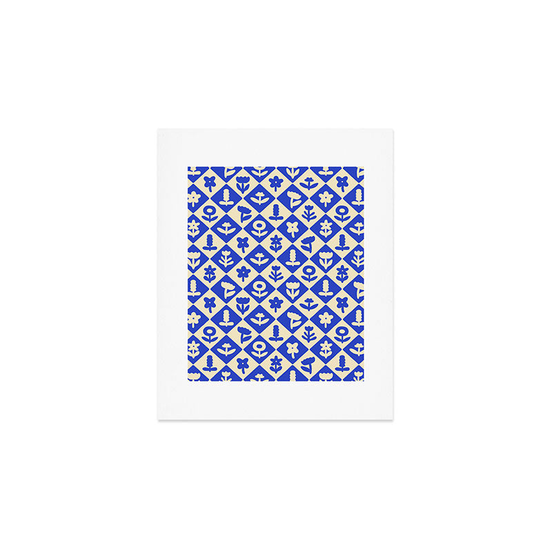 Vintage geometric blue flower art pattern Art Print Gallery Image 1