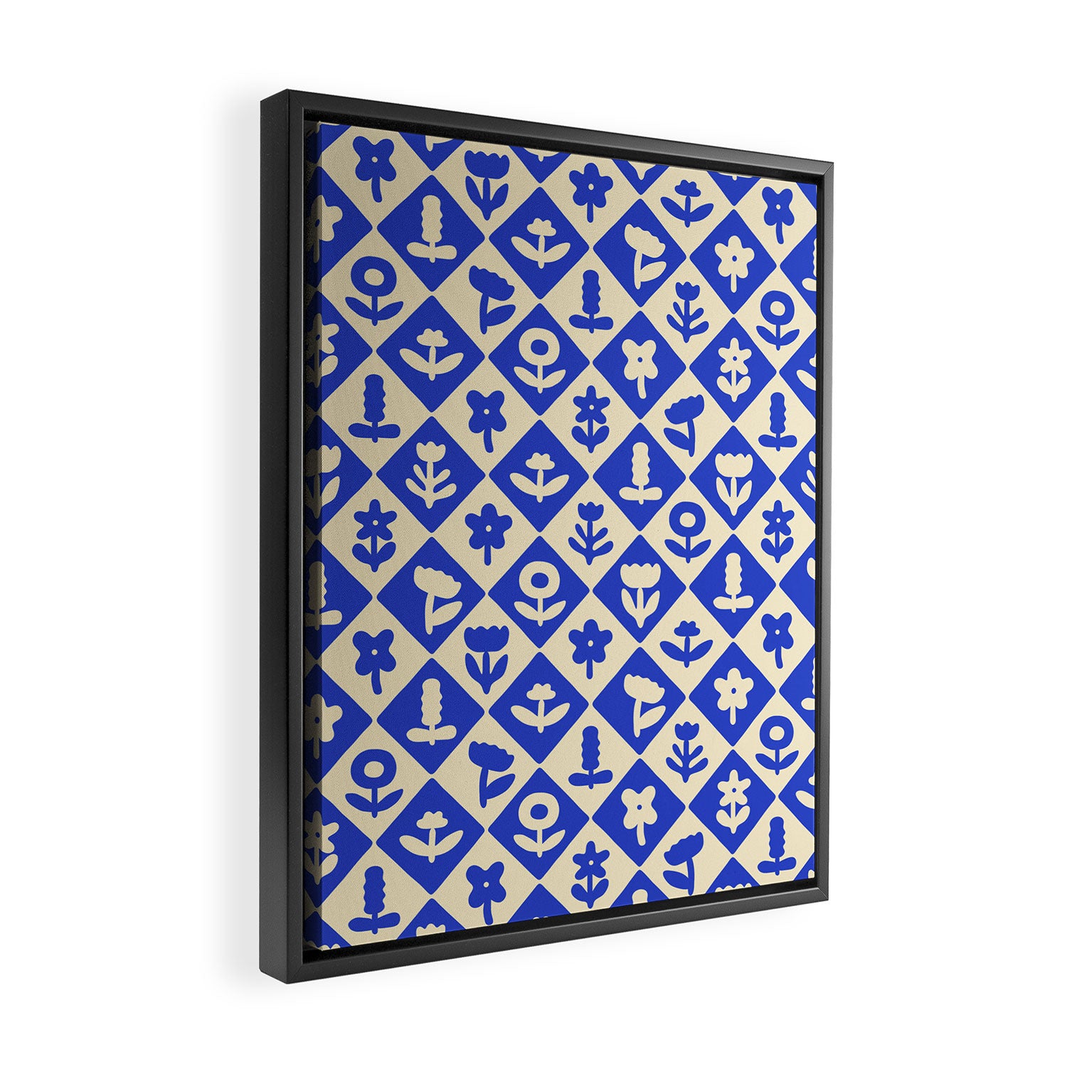 Vintage geometric blue flower art pattern Framed Canvas Print Gallery Image 2