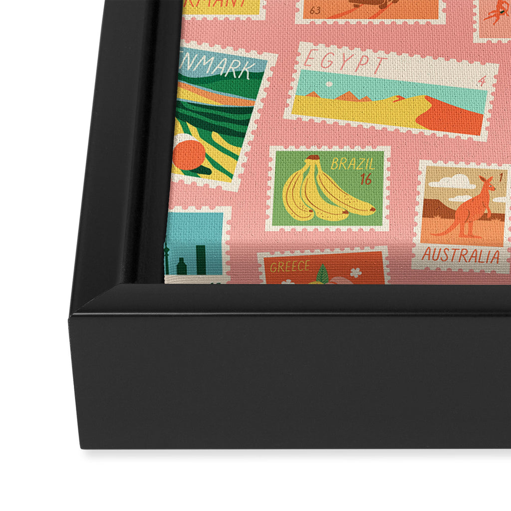 Vintage international world travel post card stamp pattern Framed Canvas Print Gallery Image 3