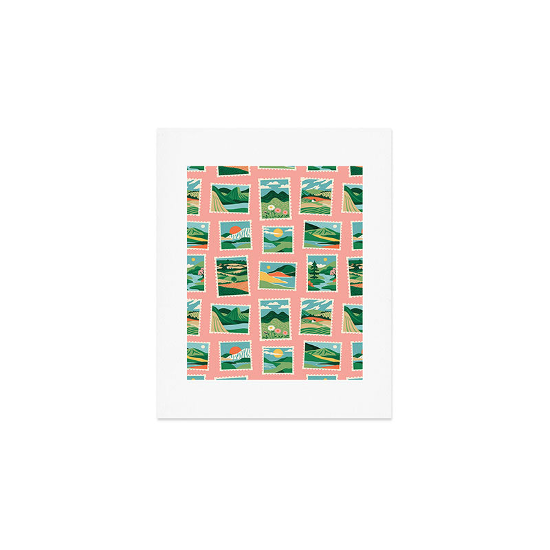 Vintage nature landscape postage stamp sticker pattern Art Print Gallery Image 1
