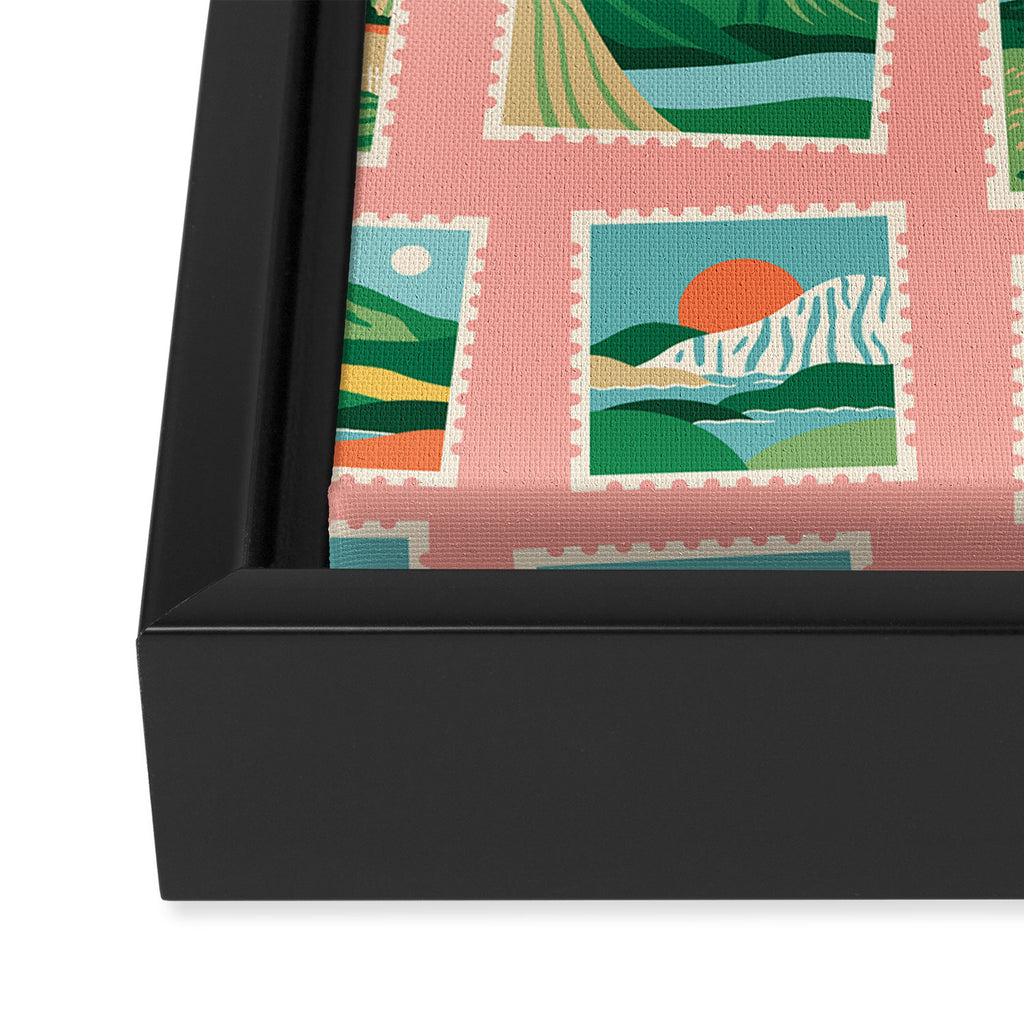 Vintage nature landscape postage stamp sticker pattern Framed Canvas Print Gallery Image 3
