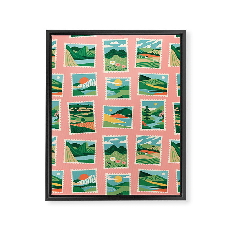 Vintage nature landscape postage stamp sticker pattern Framed Canvas Print Gallery Image 8