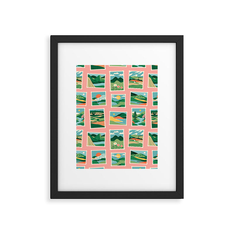 Vintage nature landscape postage stamp sticker pattern Framed Art Print Gallery Image 6