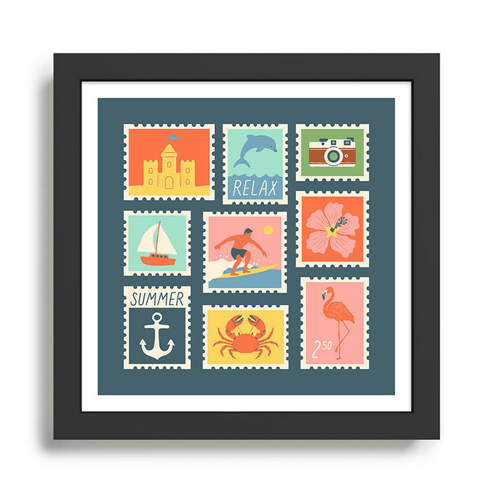 Vintage summer post card stamp drawing Framed Art Print Gallery Image 1