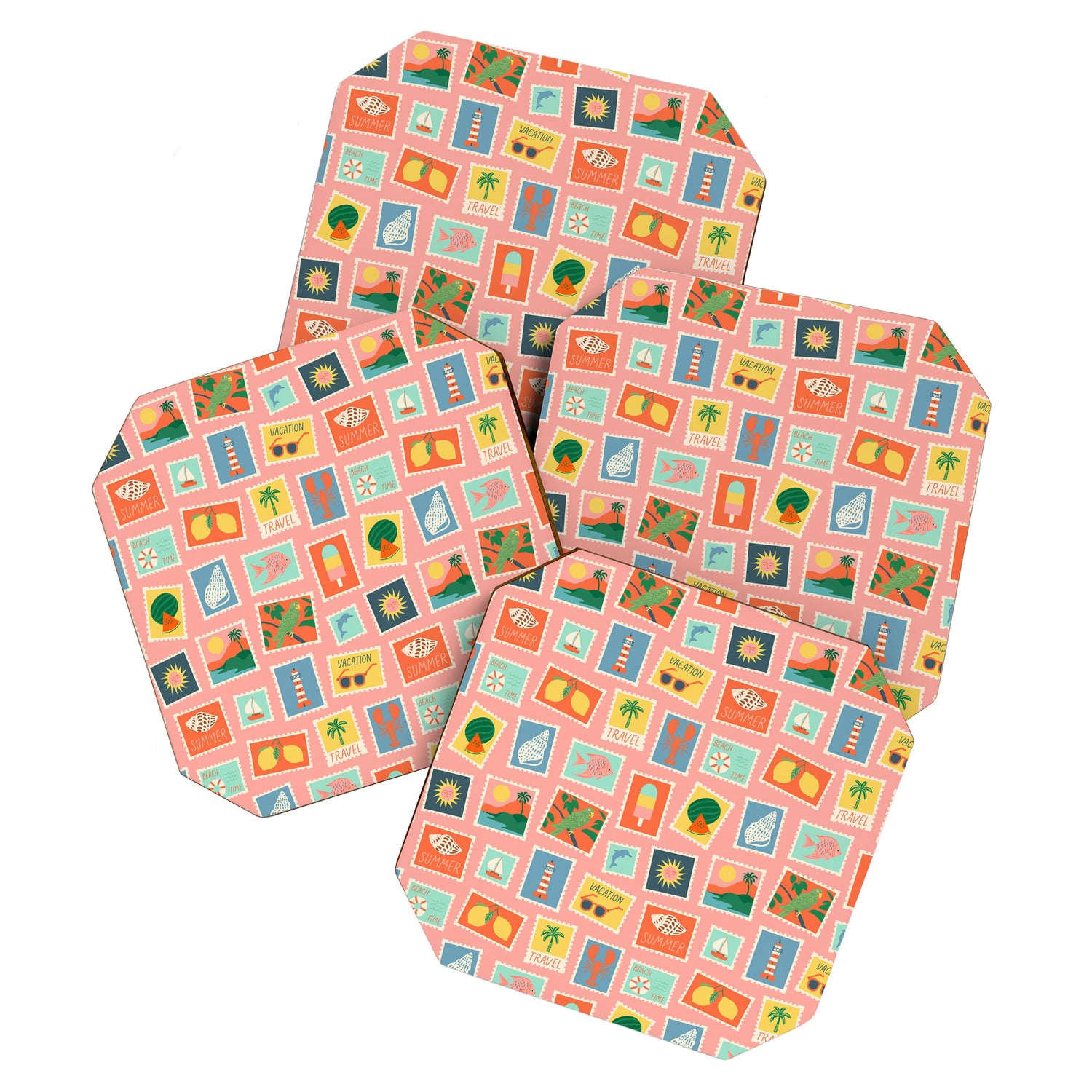 Vintage summer post card stamp pattern Coaster Gallery Image 1