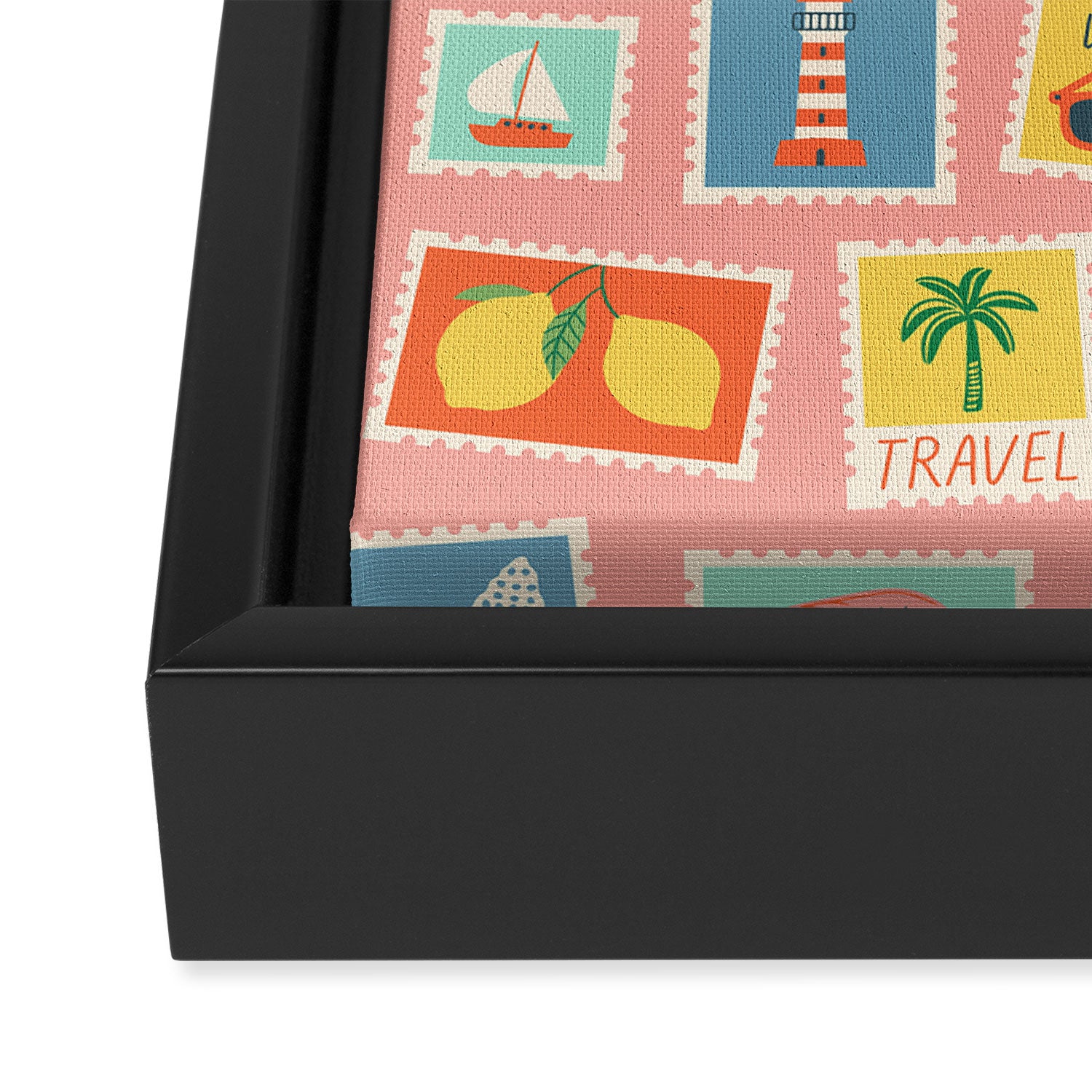 Vintage summer post card stamp pattern Framed Canvas Print Gallery Image 3
