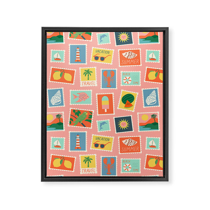Vintage summer post card stamp pattern Framed Canvas Print Gallery Image 1