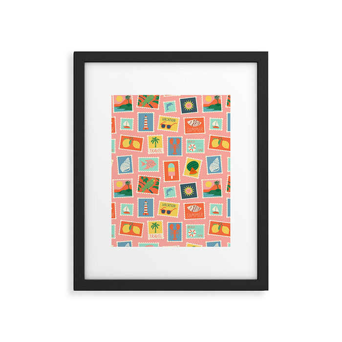 Vintage summer post card stamp pattern Framed Art Print Gallery Image 1