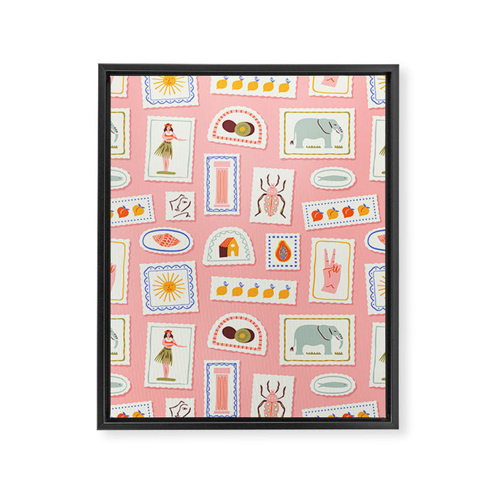 Vintage summer travel postage stamp pattern Framed Canvas Print Gallery Image 1
