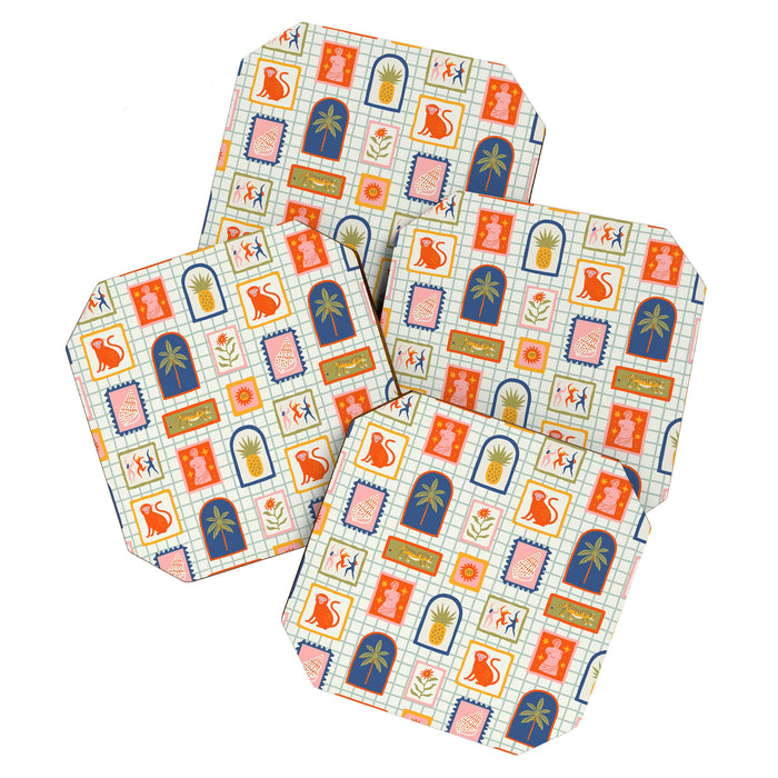 Vintage tropical summer patchwork art pattern Coaster Gallery Image 1