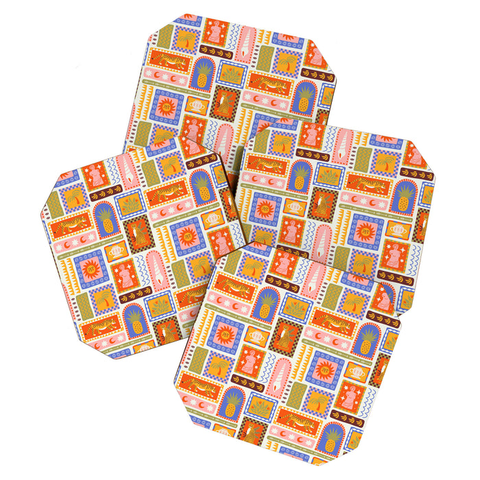 Vintage tropical summer patchwork tapestry pattern Coaster Gallery Image 1