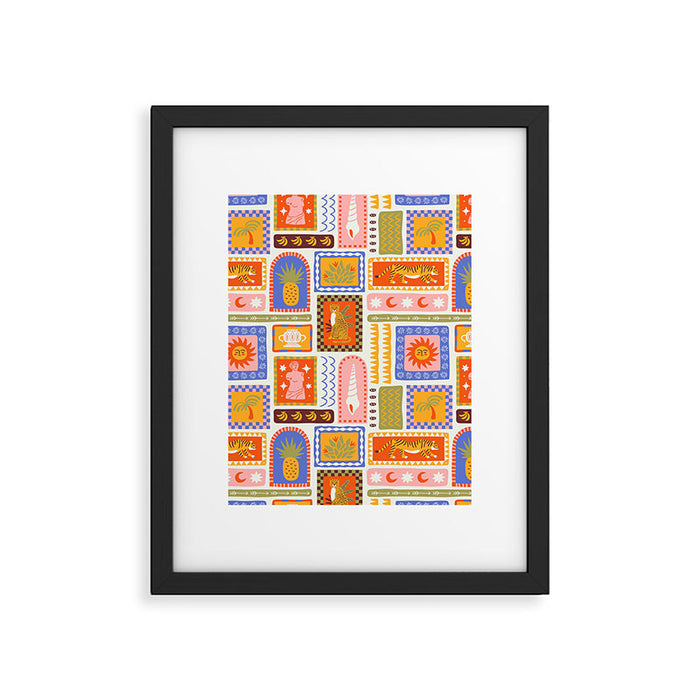 Vintage tropical summer patchwork tapestry pattern Framed Art Print Gallery Image 1