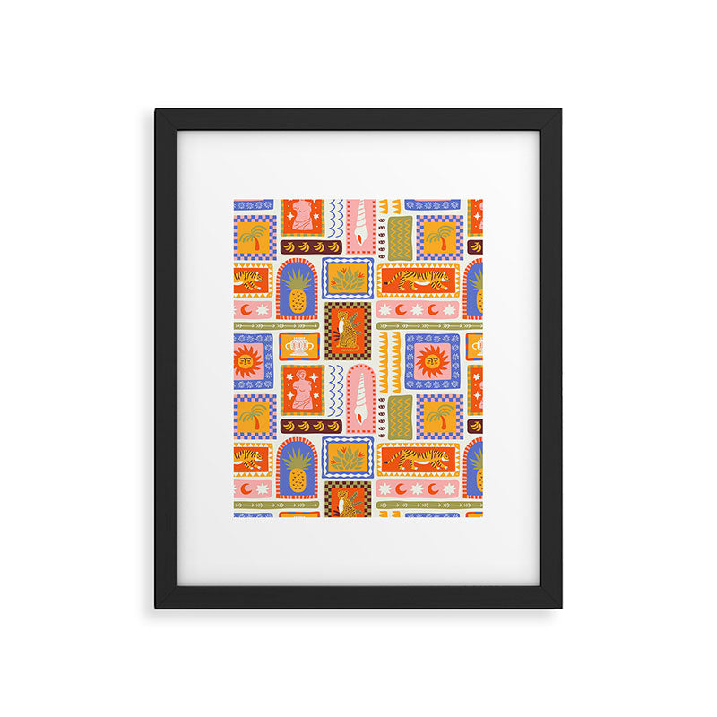 Vintage tropical summer patchwork tapestry pattern Framed Art Print Gallery Image 6