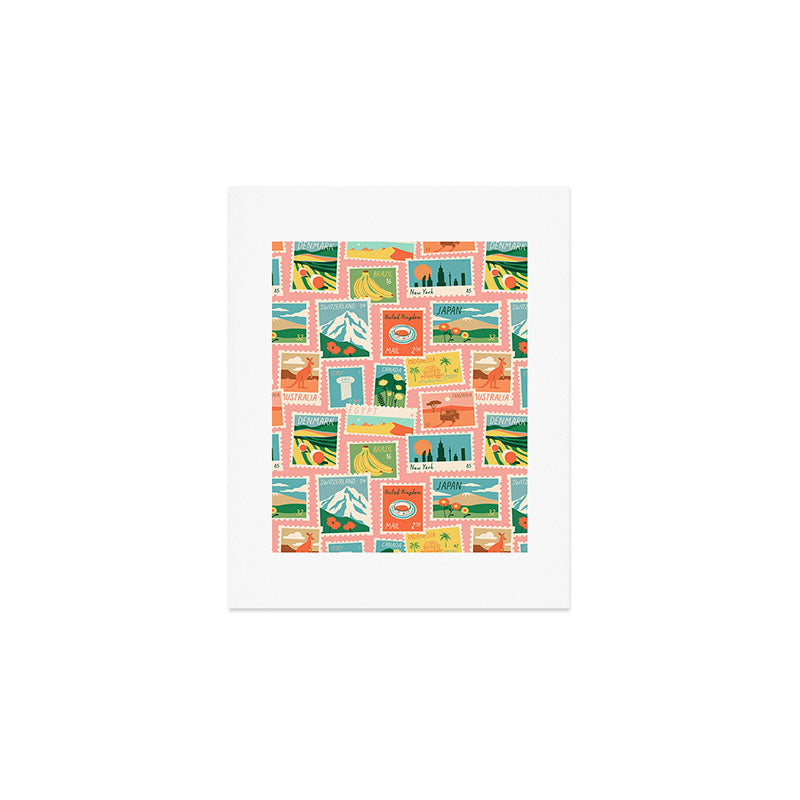 Vintage world travel postage stamp sticker pattern Art Print Gallery Image 1