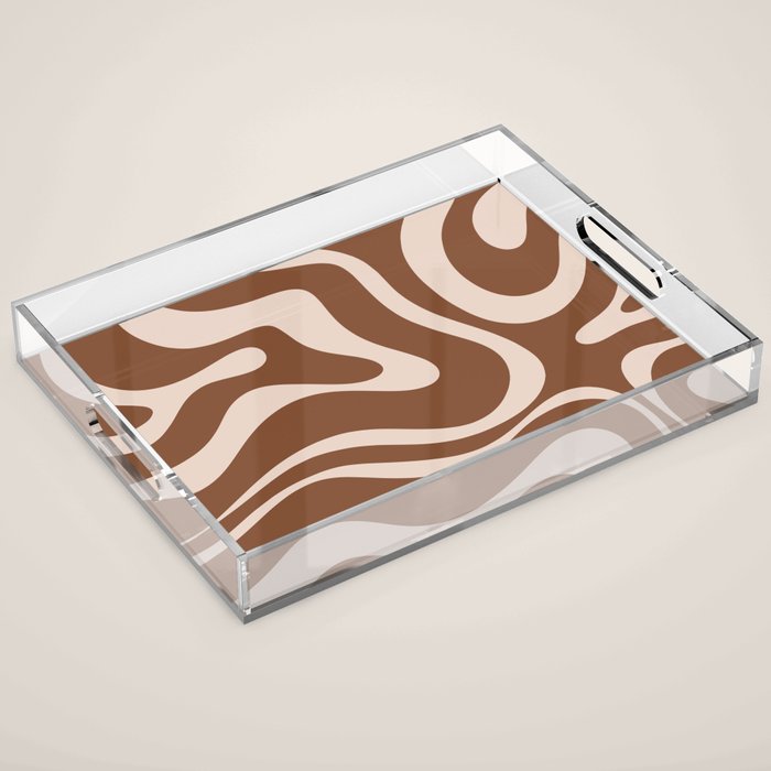 Modern Retro Liquid Swirl Fluid Abstract Pattern in Brown Acrylic Tray Gallery Image 1