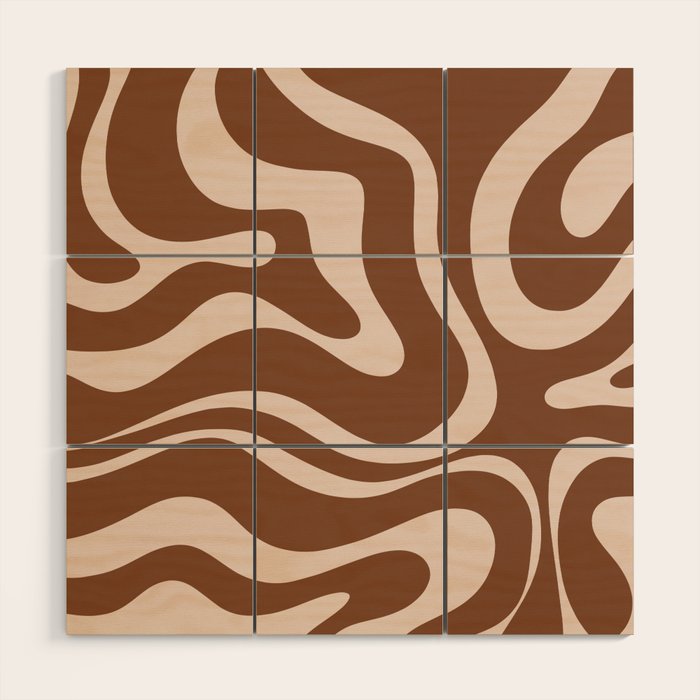 Modern Retro Liquid Swirl Fluid Abstract Pattern in Brown Wood Wall Art Gallery Image 1