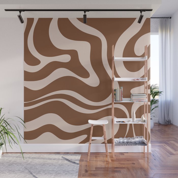 Modern Retro Liquid Swirl Fluid Abstract Pattern in Brown Wall Mural Gallery Image 1