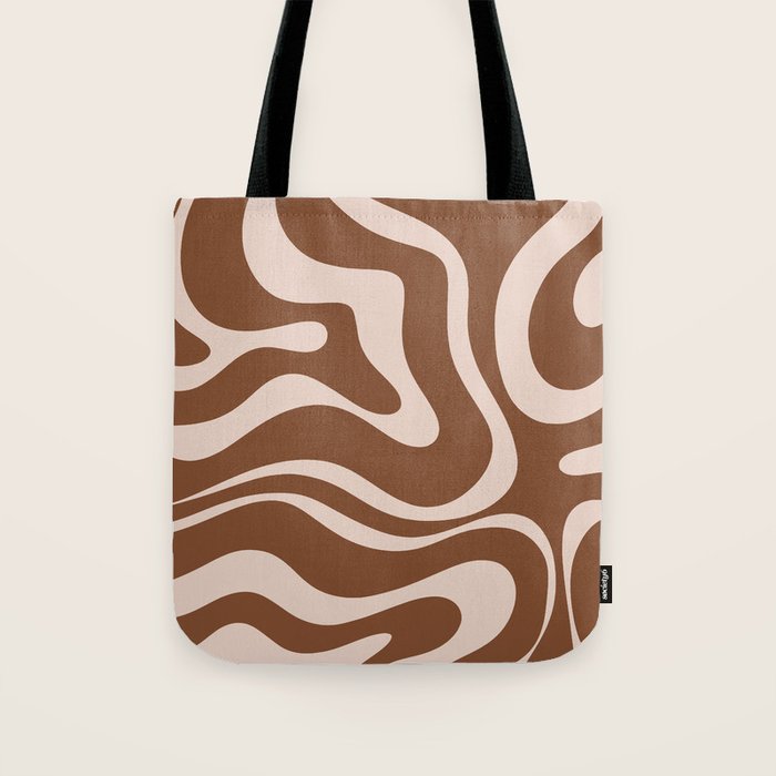 Modern Retro Liquid Swirl Fluid Abstract Pattern in Brown Tote Bag Gallery Image 1