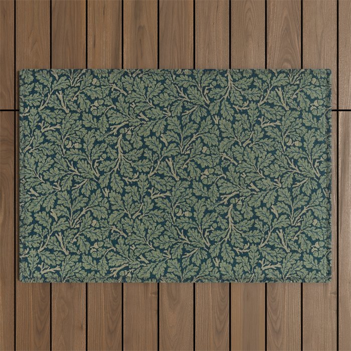 William Morris Antique Oak Leaf Teal Slate Outdoor Rug Gallery Image 1