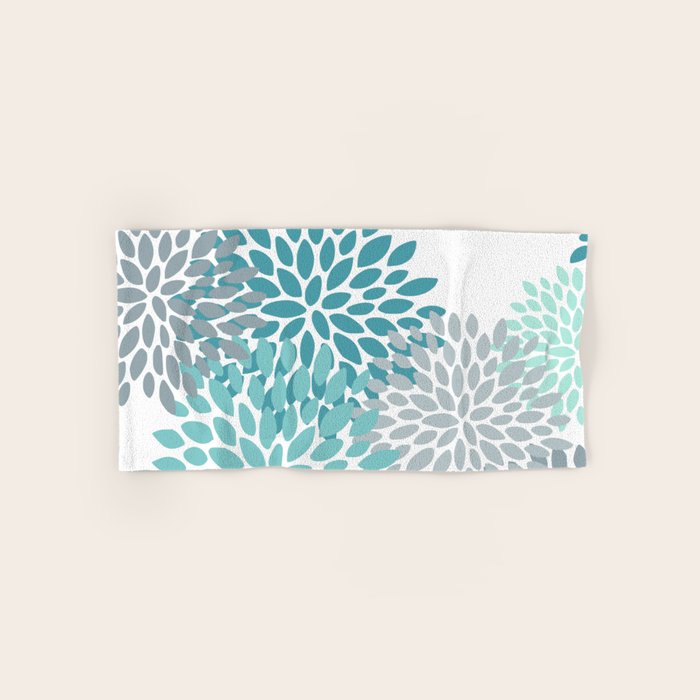 Floral Pattern, Aqua, Teal, Turquoise and Gray Hand & Bath Towel Gallery Image 1