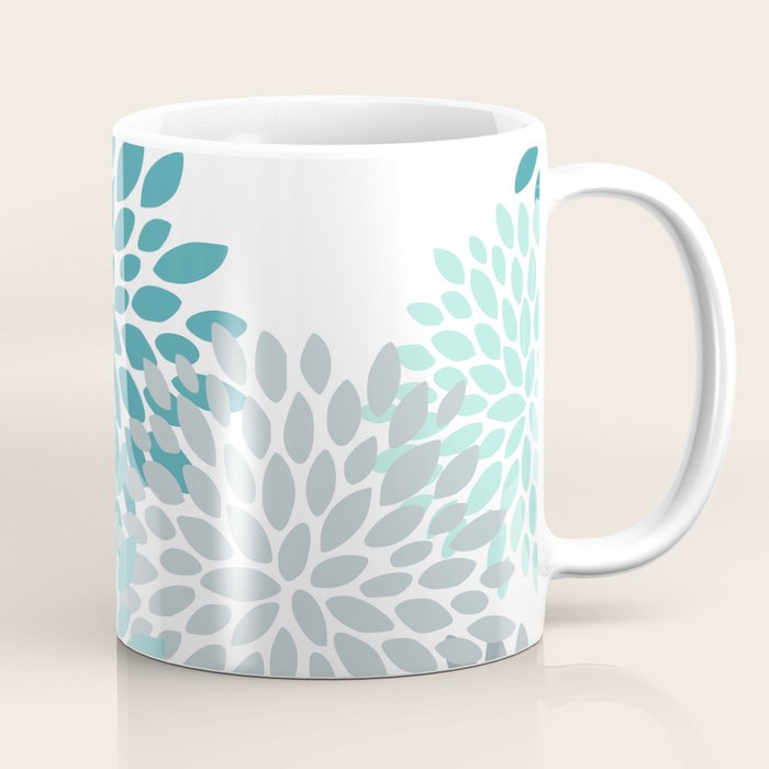 Floral Pattern, Aqua, Teal, Turquoise and Gray Coffee Mug Gallery Image 1