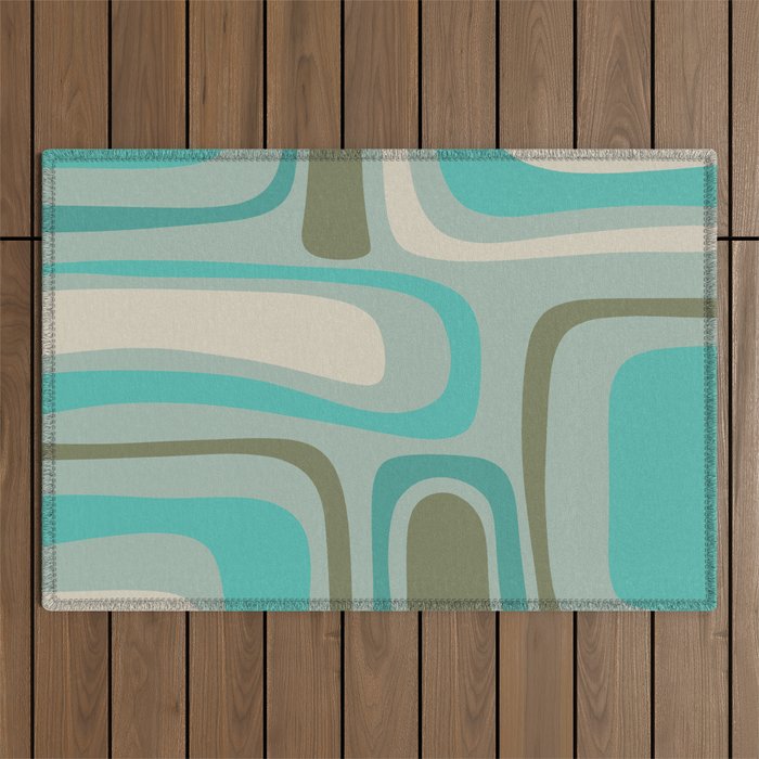 Palm Springs Mid Century Modern Abstract Pattern in Vintage Turquoise and Olive Outdoor Rug Gallery Image 1