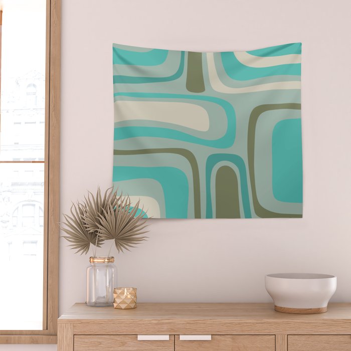 Palm Springs Mid Century Modern Abstract Pattern in Vintage Turquoise and Olive Wall Tapestry Gallery Image 2