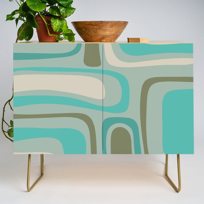Palm Springs Mid Century Modern Abstract Pattern in Vintage Turquoise and Olive Credenza Gallery Image 1