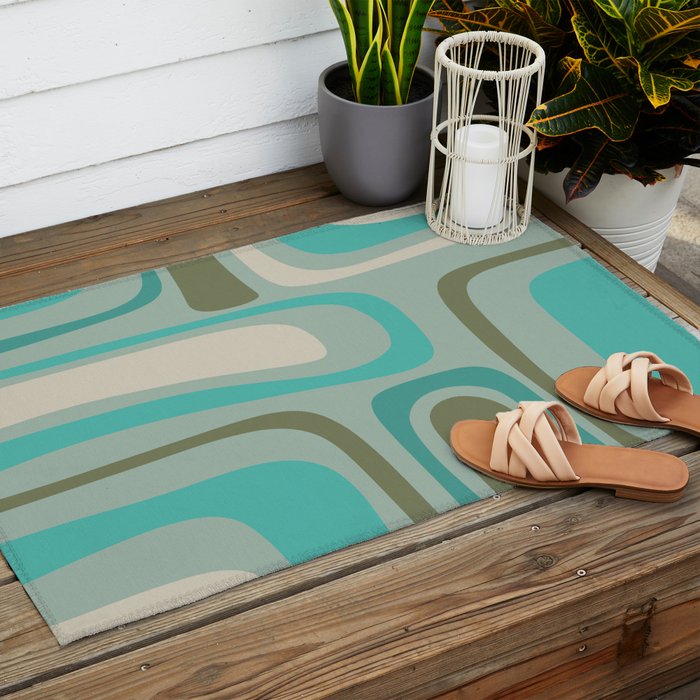Palm Springs Mid Century Modern Abstract Pattern in Vintage Turquoise and Olive Outdoor Rug Gallery Image 2