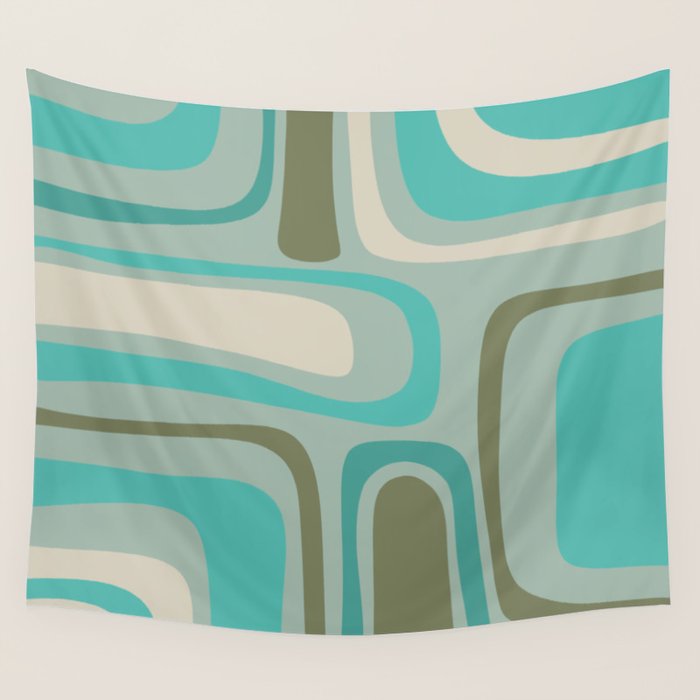 Palm Springs Mid Century Modern Abstract Pattern in Vintage Turquoise and Olive Wall Tapestry Gallery Image 4