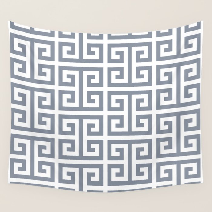 Large Steel Grey and White Greek Key Pattern Wall Tapestry Gallery Image 1