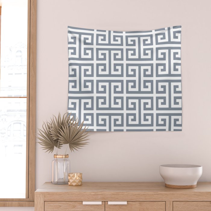 Large Steel Grey and White Greek Key Pattern Wall Tapestry Gallery Image 2