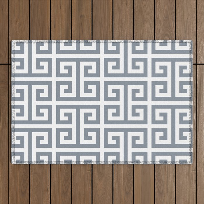 Large Steel Grey and White Greek Key Pattern Outdoor Rug