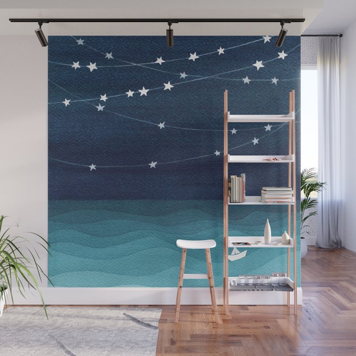 Garlands of stars, watercolor teal ocean Wall Mural Gallery Image 1