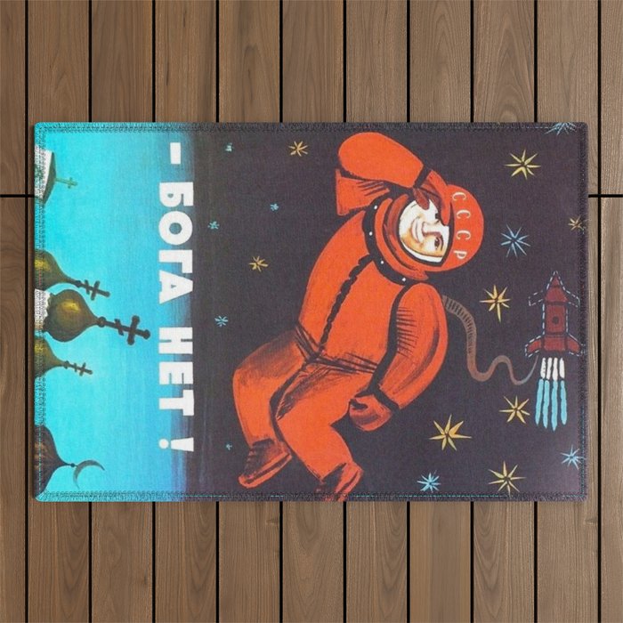 There's no god! / ÐÐ¾Ð³Ð° ÐÐµÑ!" 1960's USSR anti-religious propaganda Cosmonaut Yuri Gagarin in Space Outdoor Rug Gallery Image 1