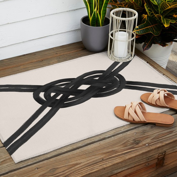 Minimalist Black Knot Abstract on Neutral Background Outdoor Rug Gallery Image 2